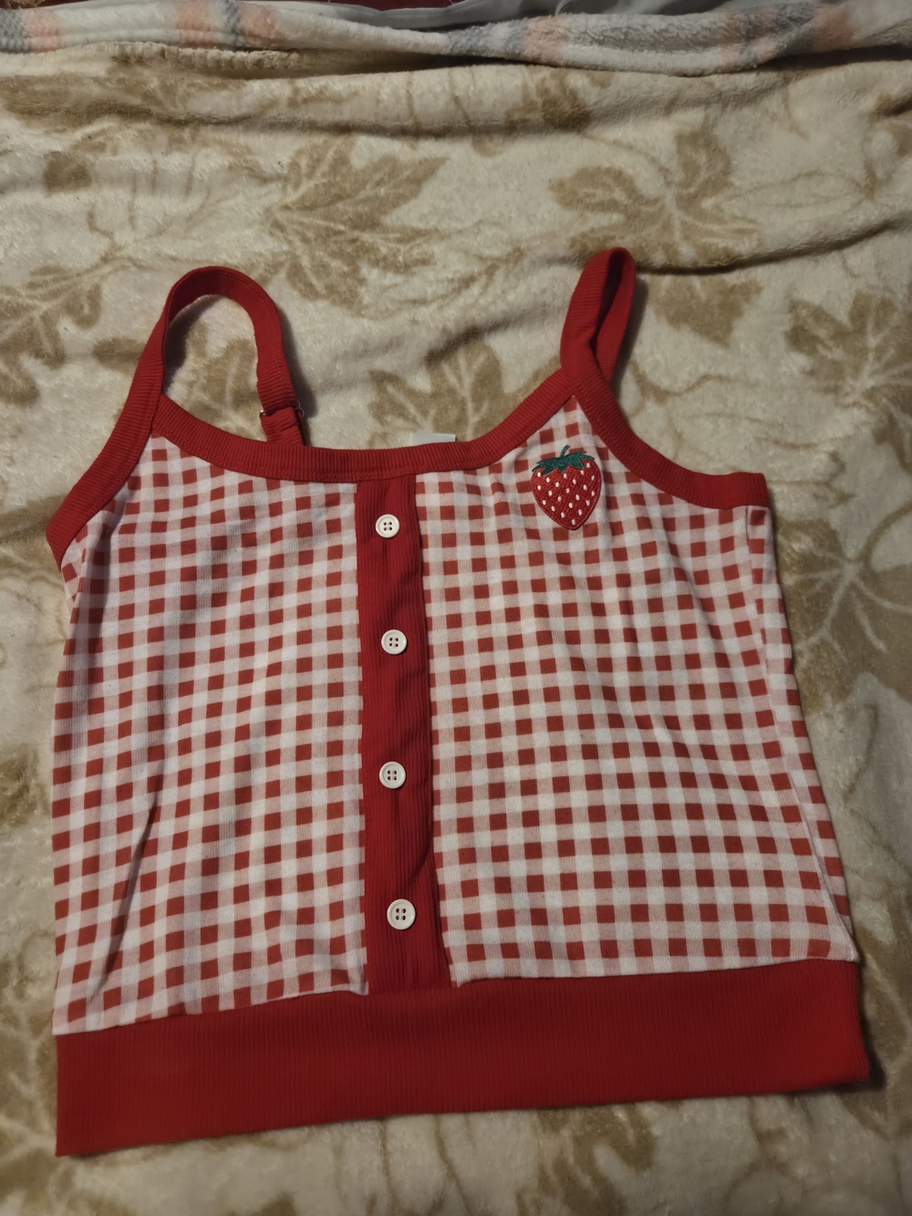 Red Gingham Strawberry Appliqué Tank Top